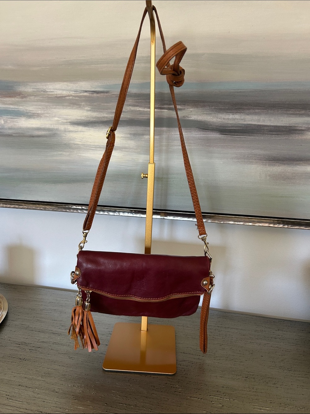 Vera Pelle Vintage Foldover Crossbody Leather Bag with Tassles GUC